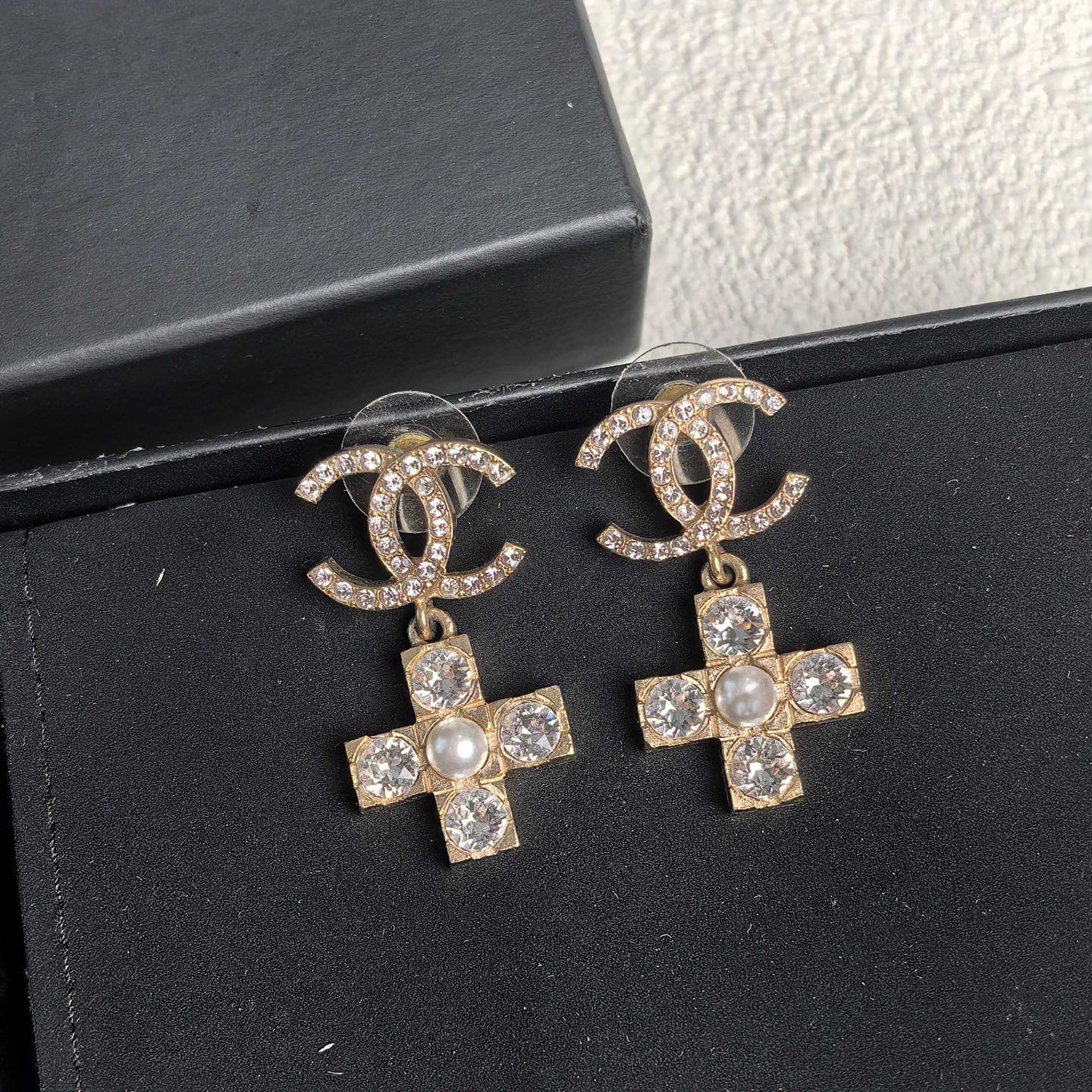 95新 Chanel/香奈儿 泡泡中古Chanel水钻十字吊坠耳钉
