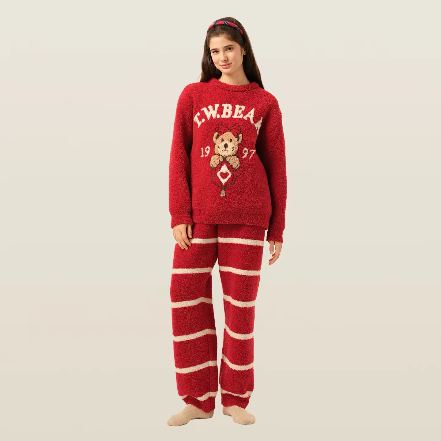 秋冬可外穿加厚保暖半边绒圆领套头睡衣套装