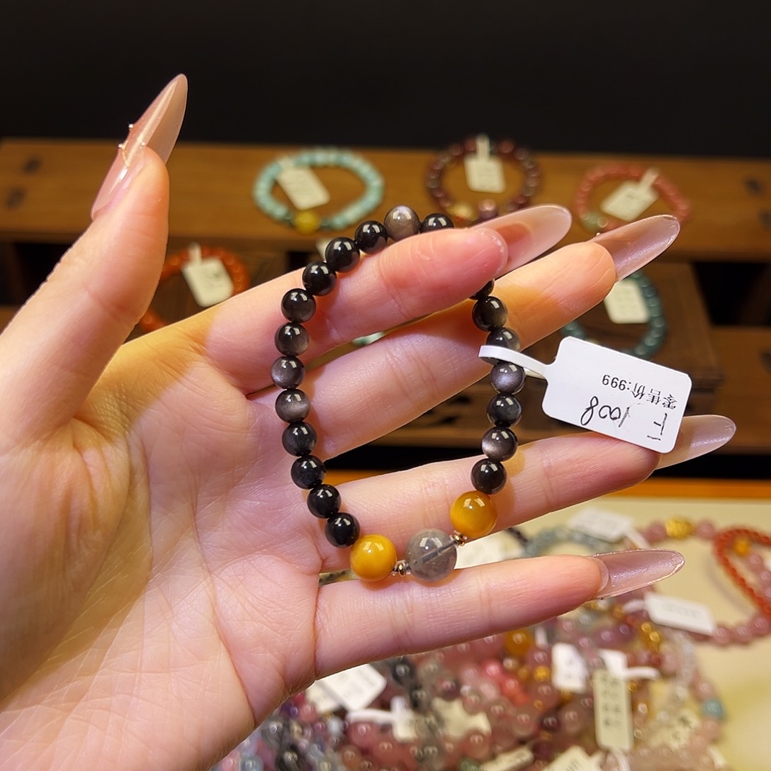 烟晶手链银S925镶嵌银曜石1008