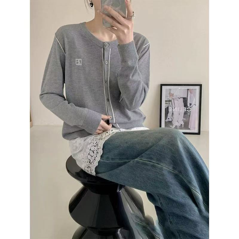 早秋新款欧货女装圆领长袖刺绣针织开衫9835