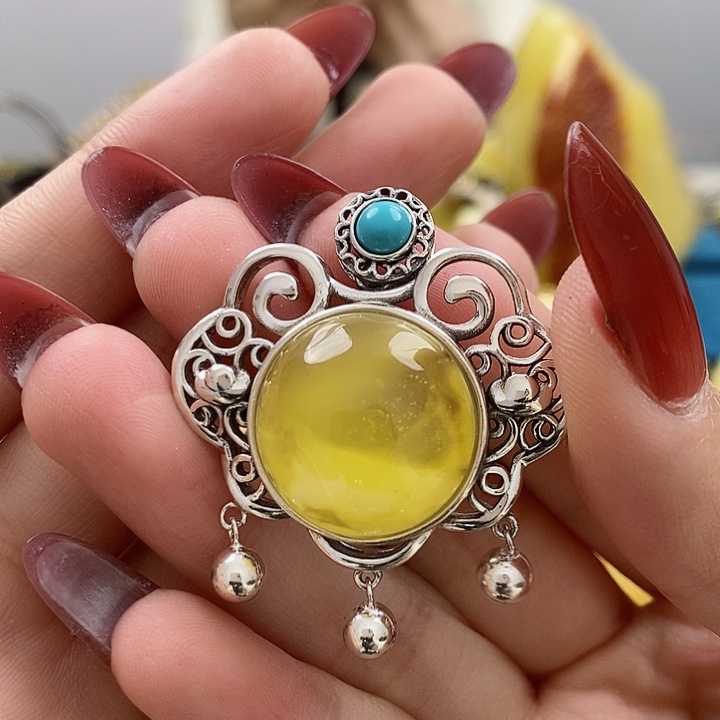 琥珀颈饰银S925镶嵌吊坠