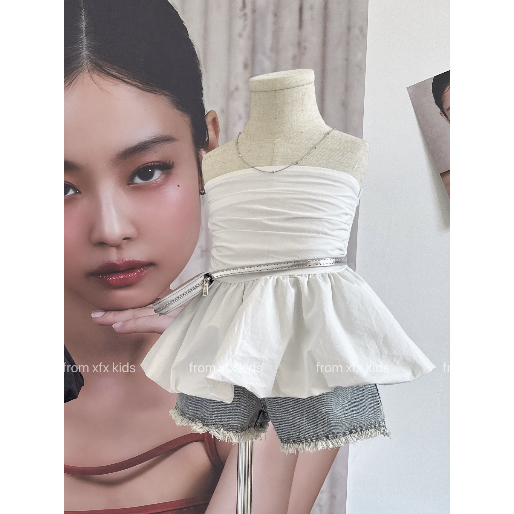 Bmy2025ss 女童夏季新款韩版设计感抹胸荷叶边裙百搭牛仔短裤套装