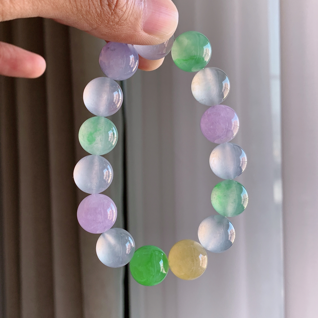 收藏传承级别缅甸天然A货翡翠彩虹糖色系多宝手串卡13.8-14.2