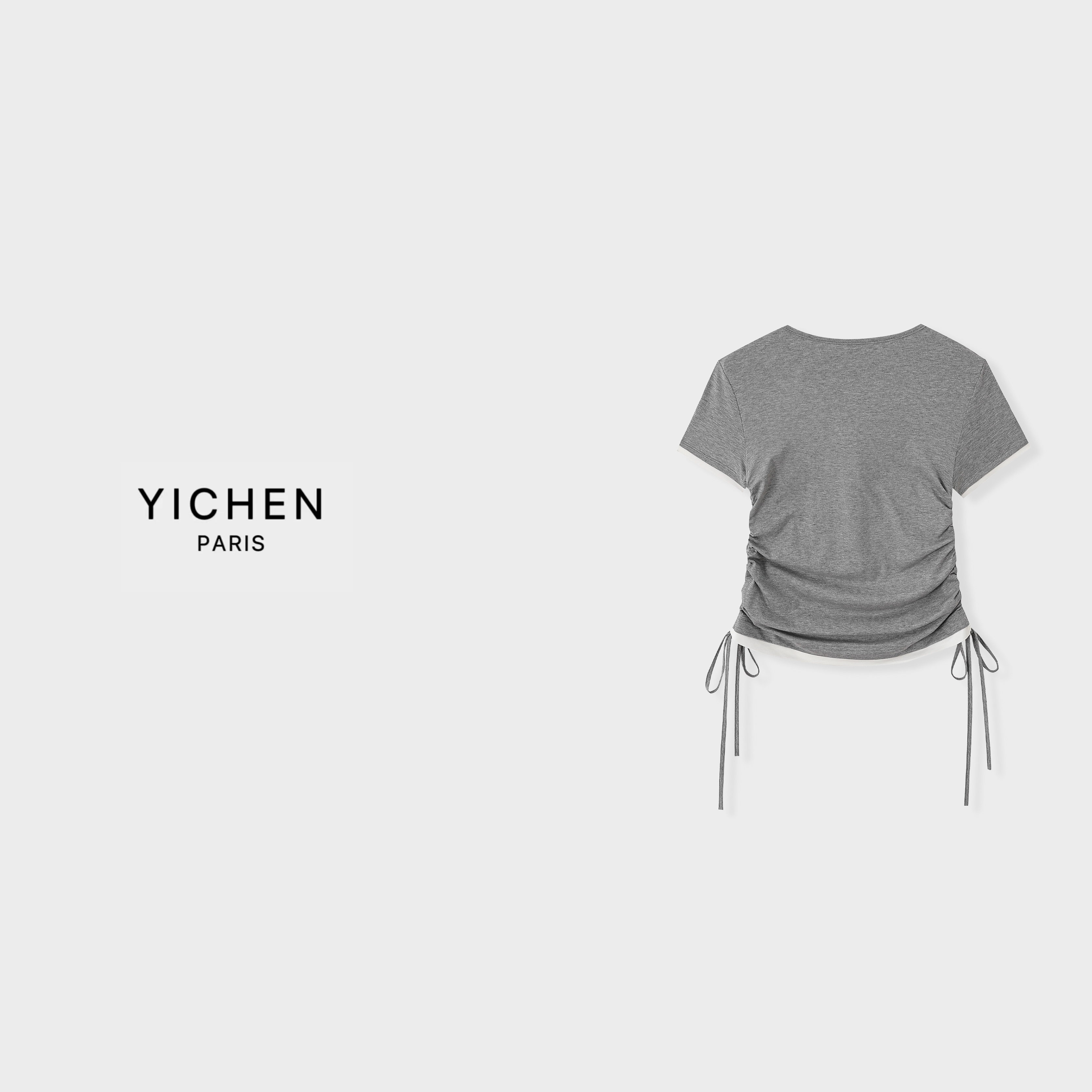 YC 花灰色/黑色假两件拼接金属徽标显瘦抽绳修身T恤-3370