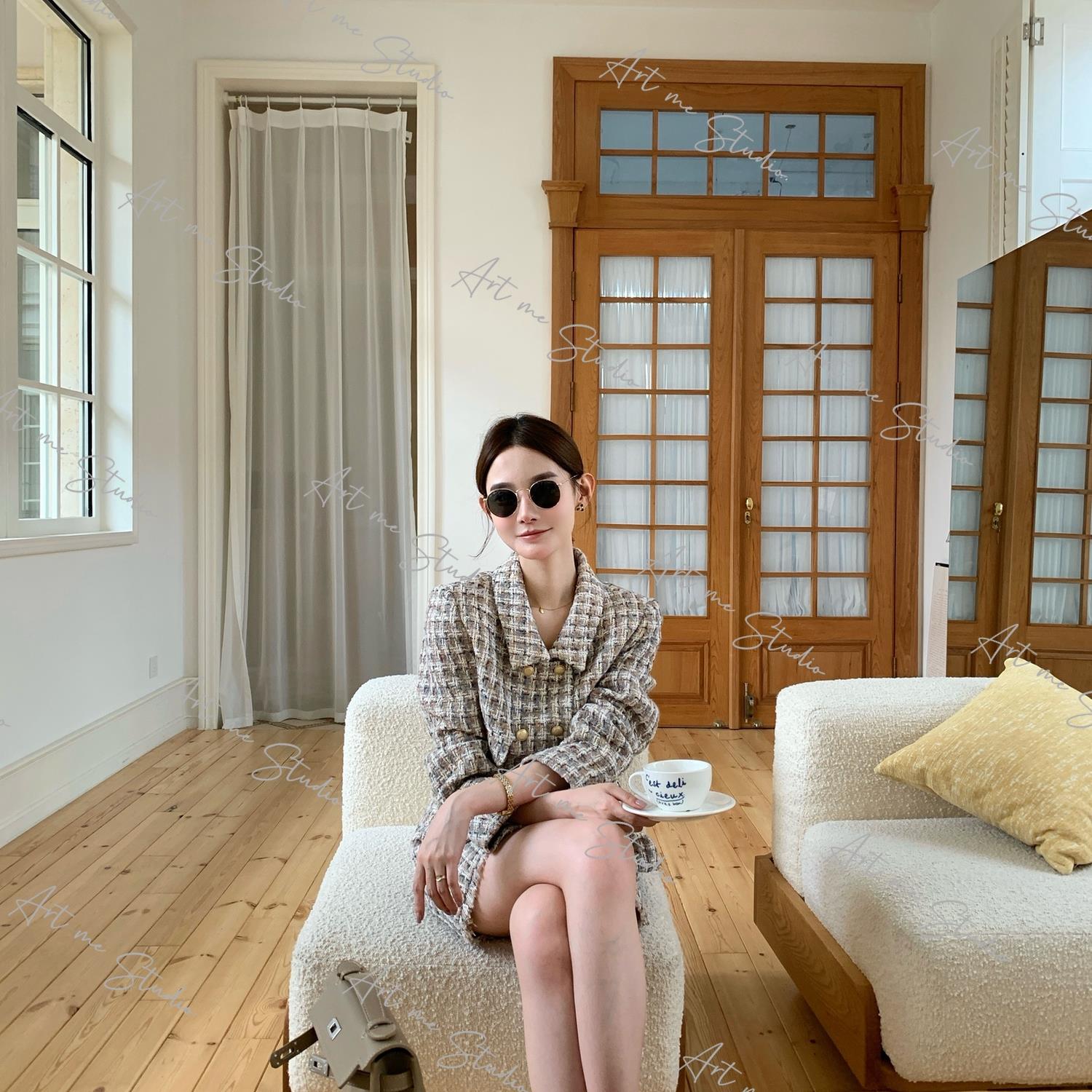 羊毛混纺粗花呢料定制感配色姐系小香短裙套装w1836l2