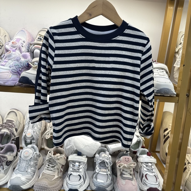 中童女童秋季新款条纹圆领小款抽绳打底卫衣