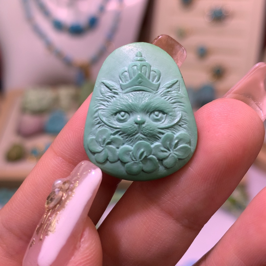 绿松石珠宝奇石未镶嵌猫咪牌