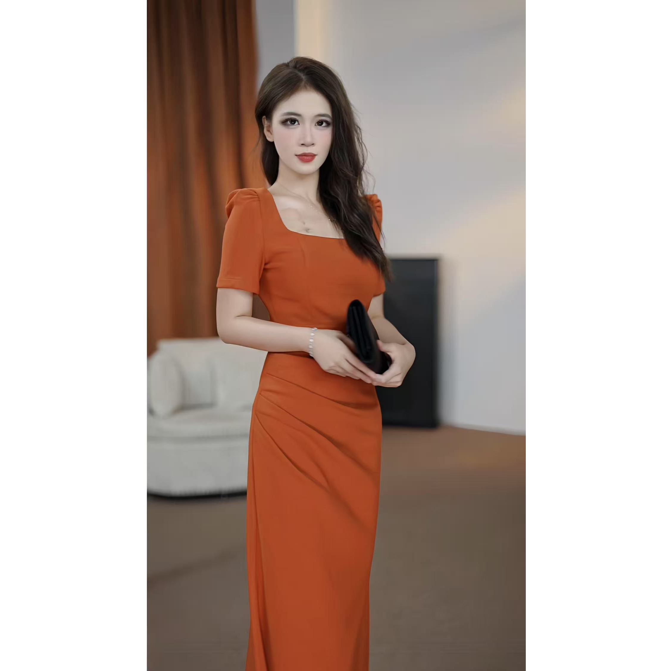 【静静】 法式橘色气质轻职风收腰修身鱼尾连衣裙-HZ838
