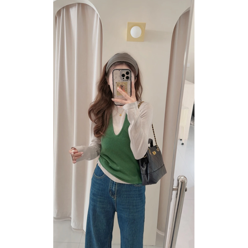 韩系绿色复古长袖打底衫女早秋新款设计感百搭显瘦细针织两件套