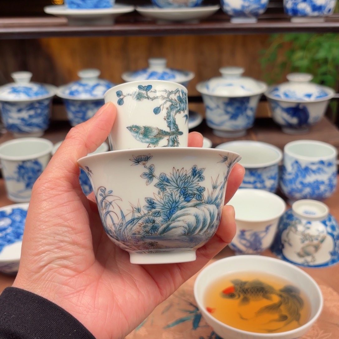 唐****思手绘青花釉下彩陶瓷单杯➕盖碗