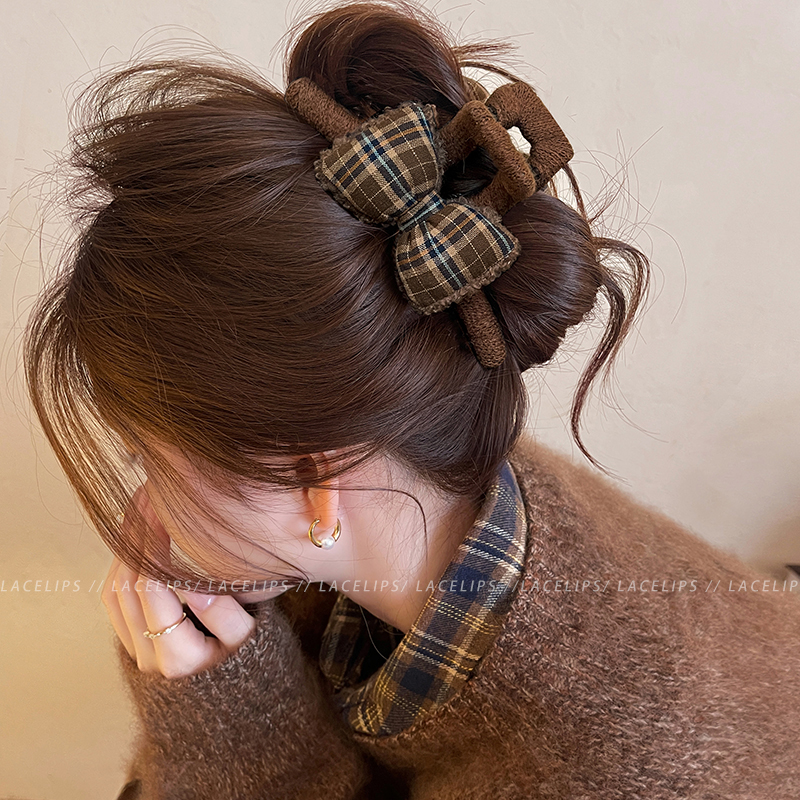 摩卡暖调~头发抓夹女格纹蝴蝶结发夹2025新款大号盘发鲨鱼夹发饰