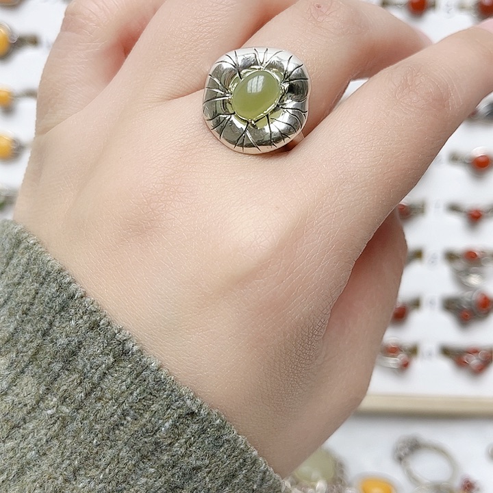 和田玉戒指银S925镶嵌天然