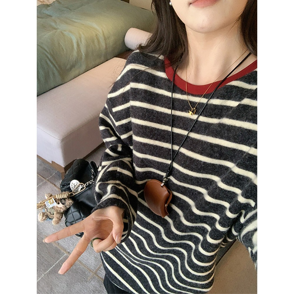 磨毛加厚条纹长袖套头圆领T恤女秋冬季宽松打底慵懒风显瘦上衣服