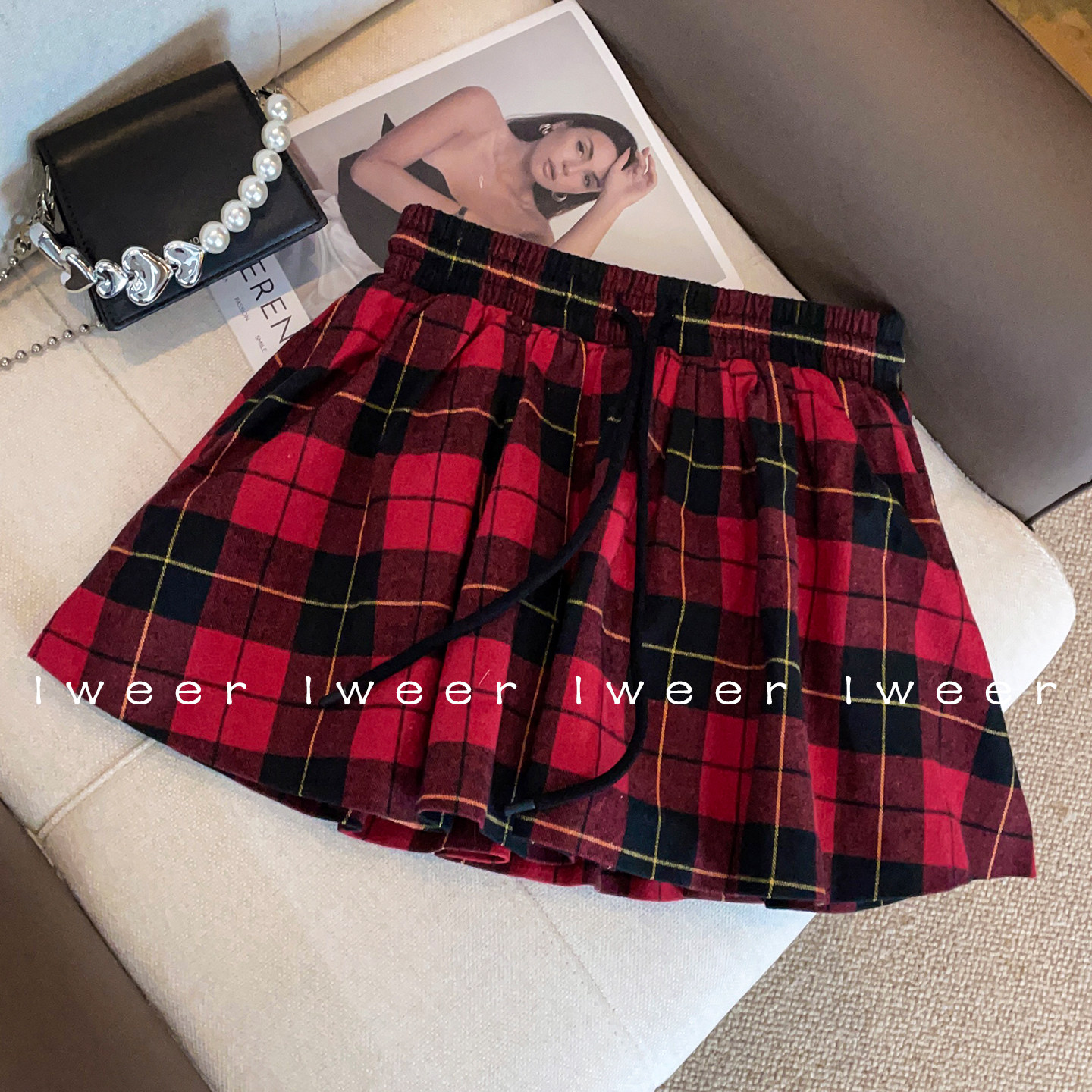 冬装半身裙法式复古腰部抽绳设计黑红格纹裙裤格子百褶裙MAU2264