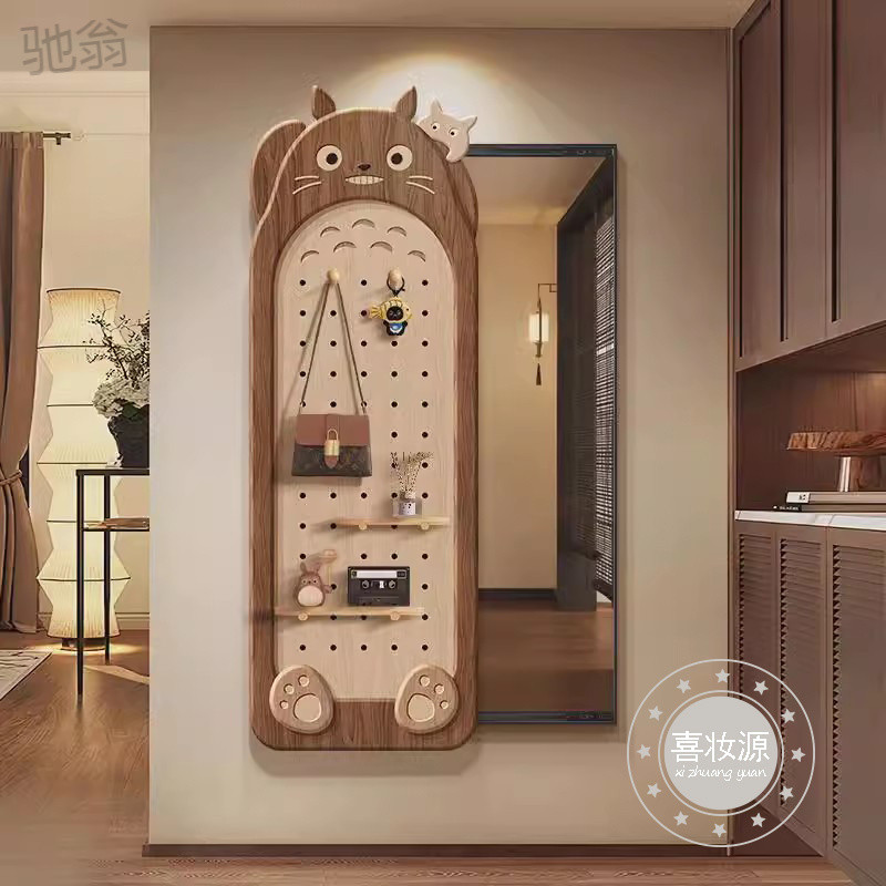 中古风龙猫隐藏式全身镜子洞洞板玄关装饰画转角隐形推拉穿衣镜画