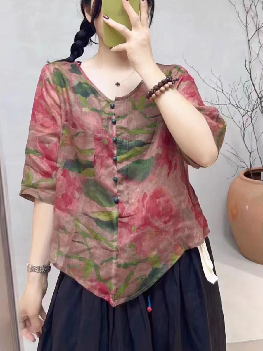 8756夏季新款国风盘扣小衫轻薄对襟复古重工文艺女七分袖开衫上衣