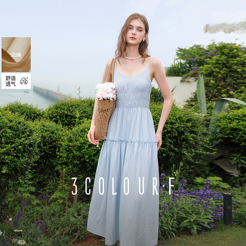 0336三彩独醒2025夏季新款V领吊带裙褶皱收腰大摆连衣裙度假dbq