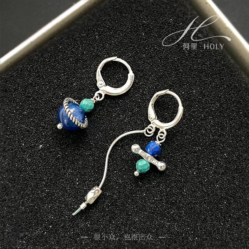 【蓝眸】原创设计925纯银复古天然蓝晶星球气质不对称长款流苏耳环