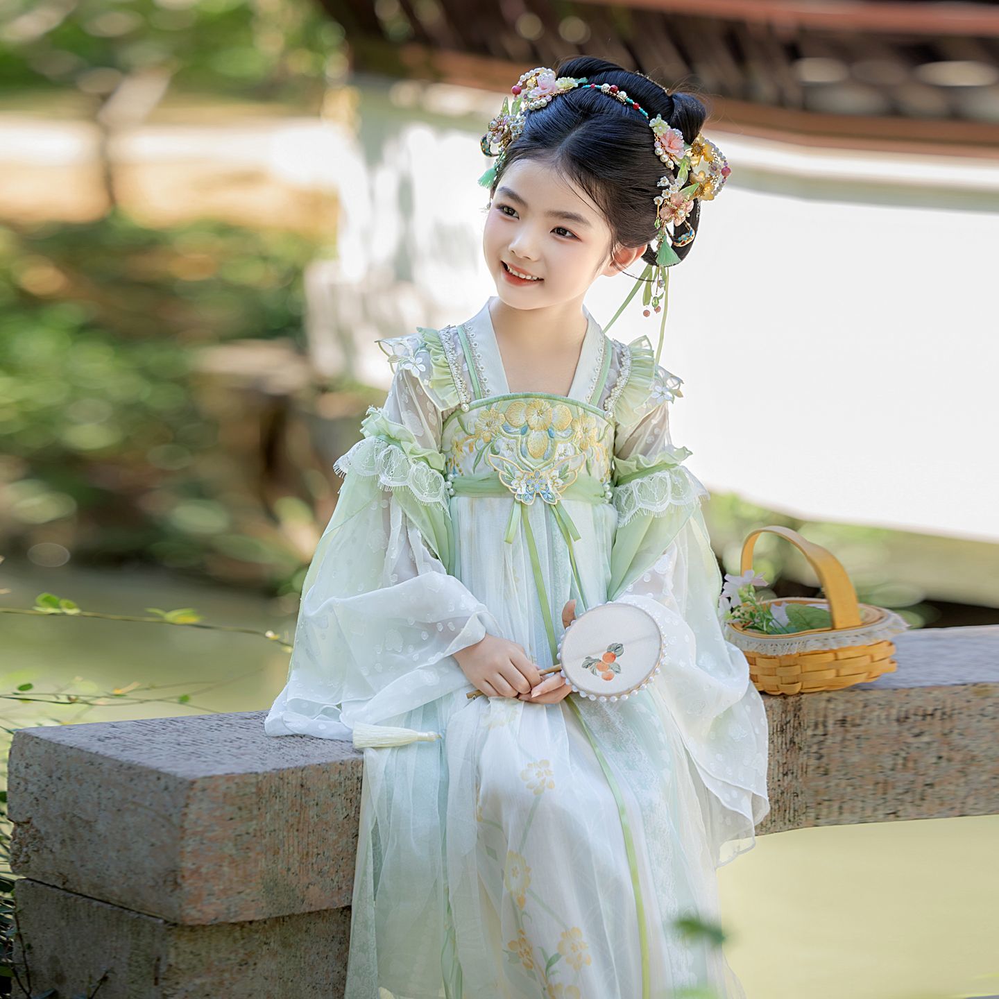 2025新款女童汉服春秋季绿色古装公主襦裙纱裙