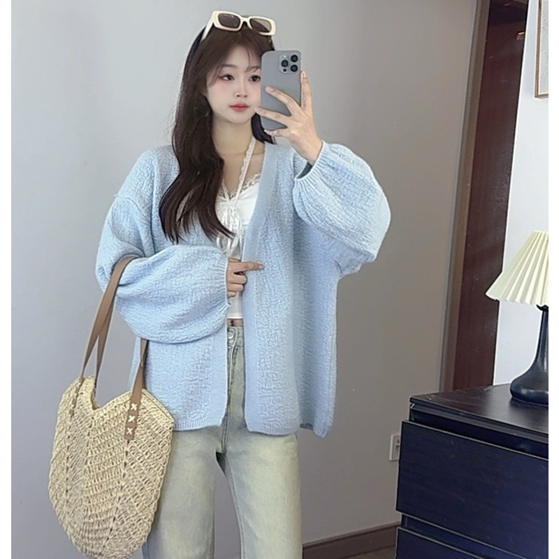 【初墨家原版正版】树皮纹泡泡袖短外套春秋慵懒风针织开衫宽松韩版