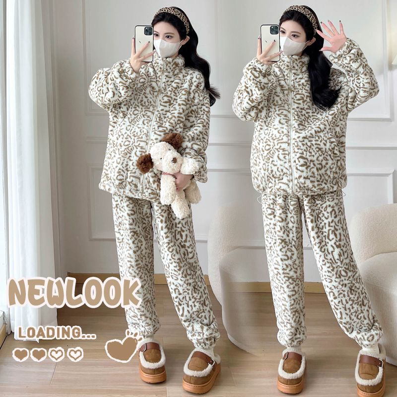 少女高级感豹纹连帽珊瑚绒睡衣女冬季新款加绒加厚保暖家居服套装