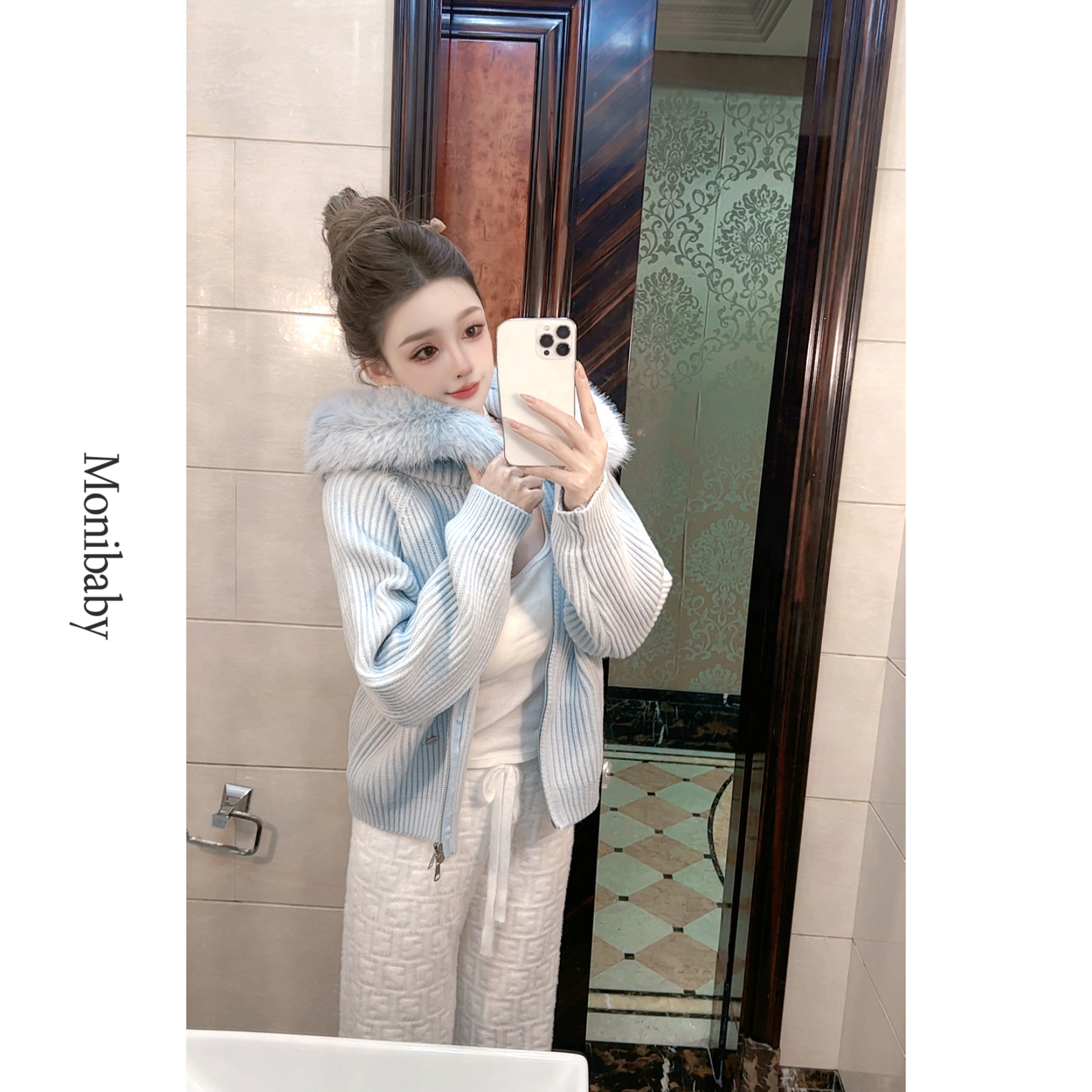 Moni【奶芙乖乖系】秋冬氛围感慵懒纯欲大毛毛领连帽加厚毛衣外套