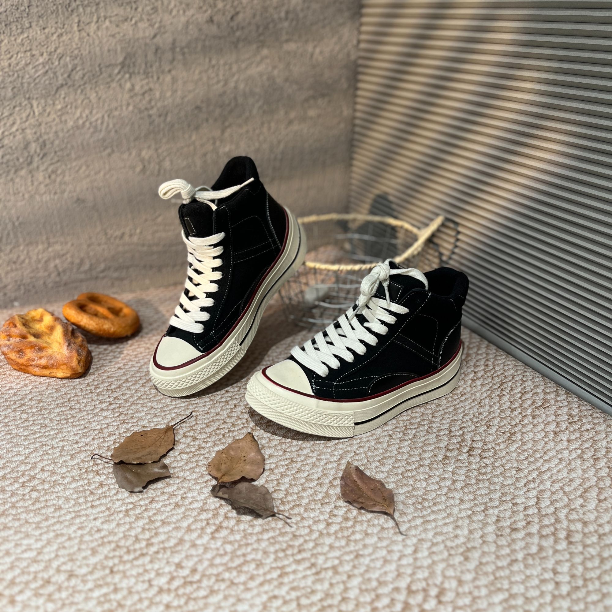 系带帆布鞋街头风高帮拼色复古加绒百搭秋季极简风