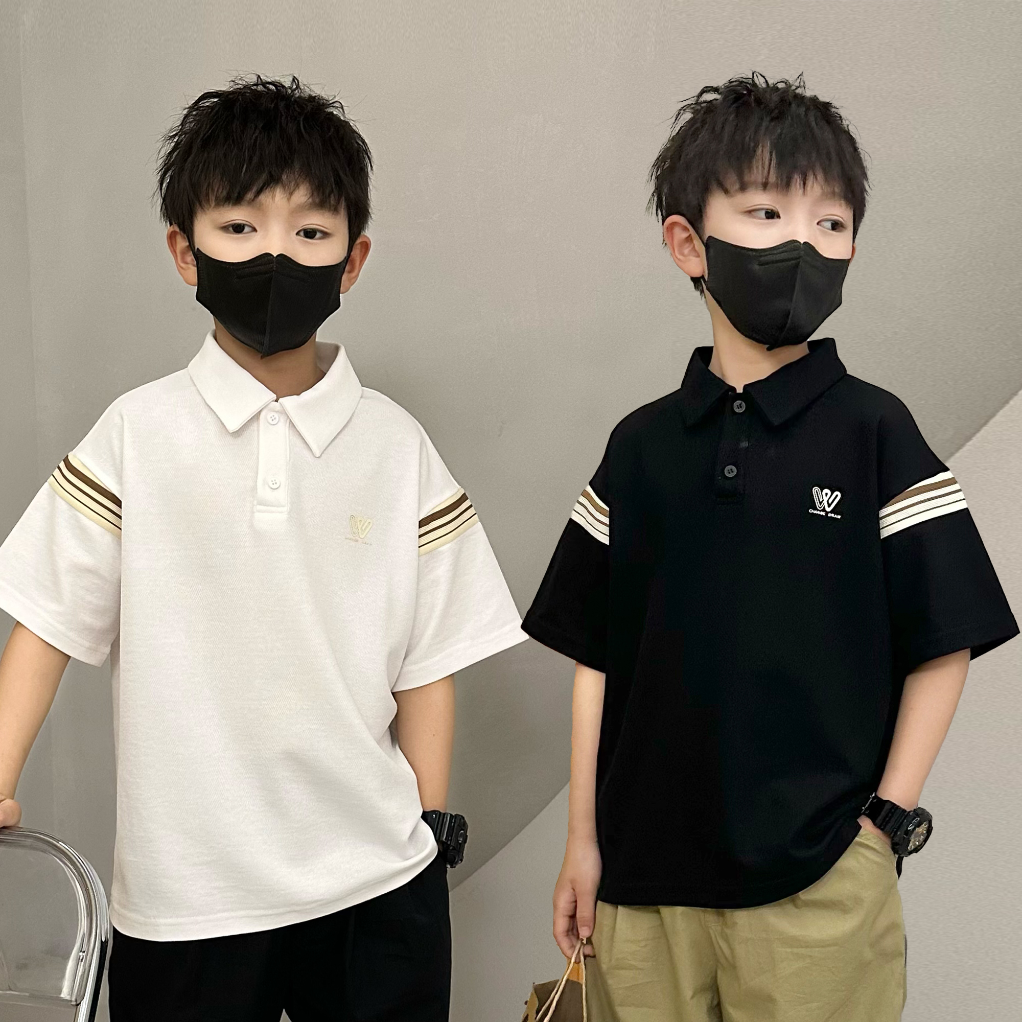 象小爸童装【袖织条纹翻领T恤】25夏童装新款宽松棉上衣短袖POlO衫