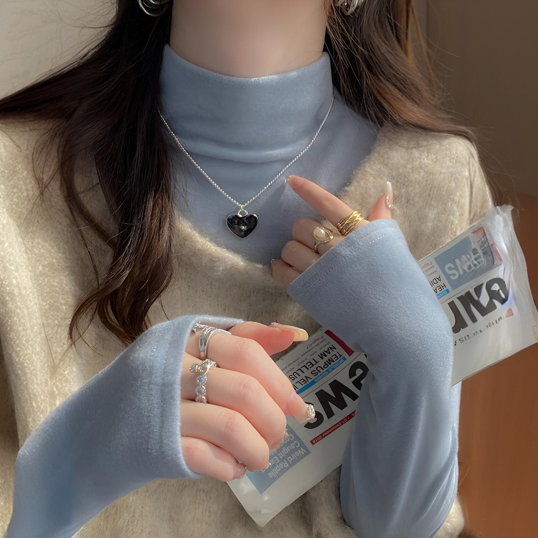 高领打底衫女秋冬高级感2025新款蓝色立领内搭白色加绒保暖上衣服