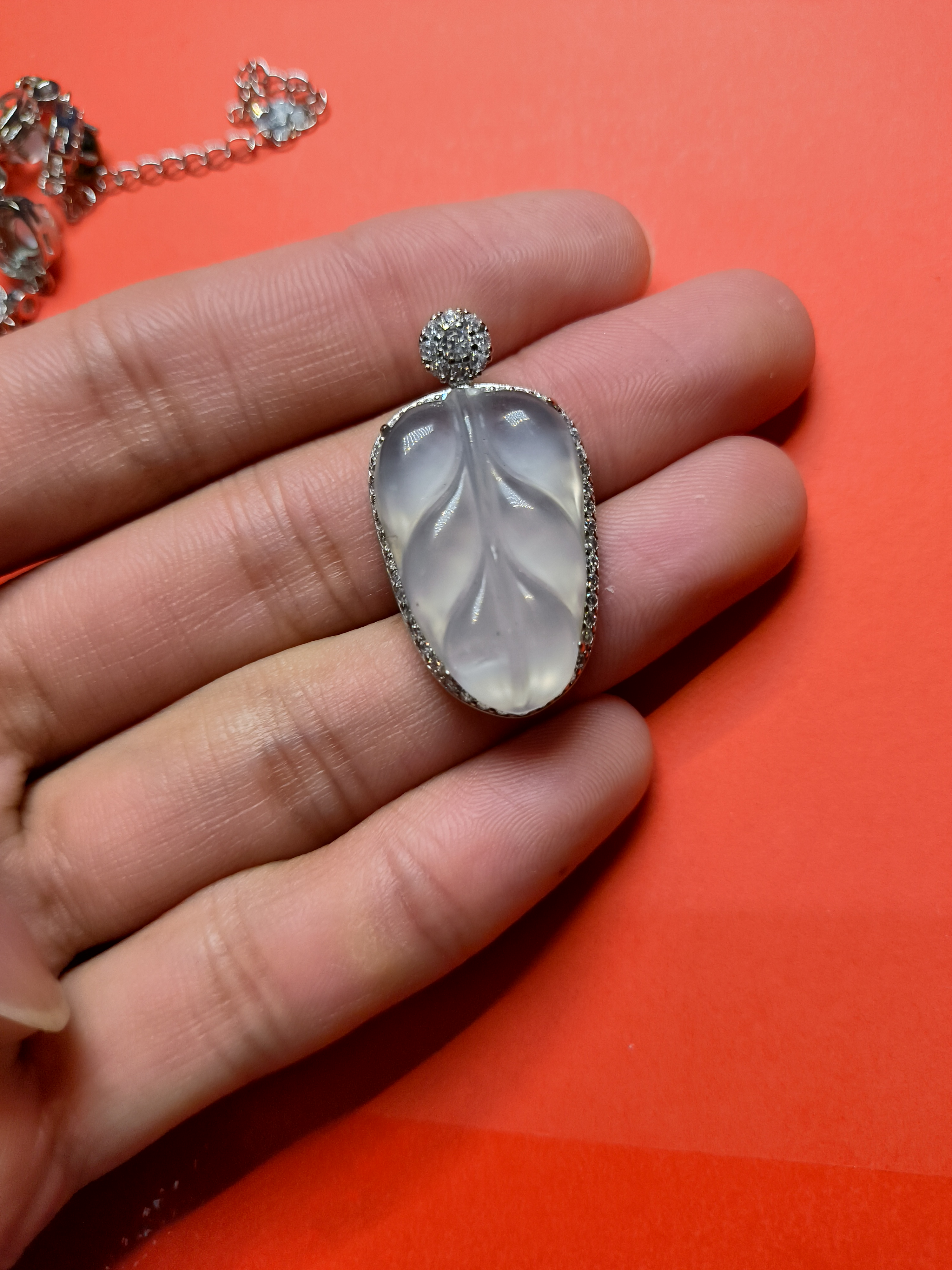 俄玉石英质玉叶子款式925镶嵌