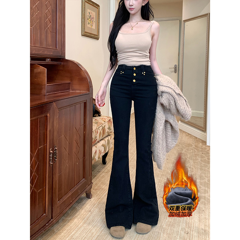 黑色排扣加绒微喇牛仔裤女2025年冬季新款高腰紧身显瘦提臀超模裤