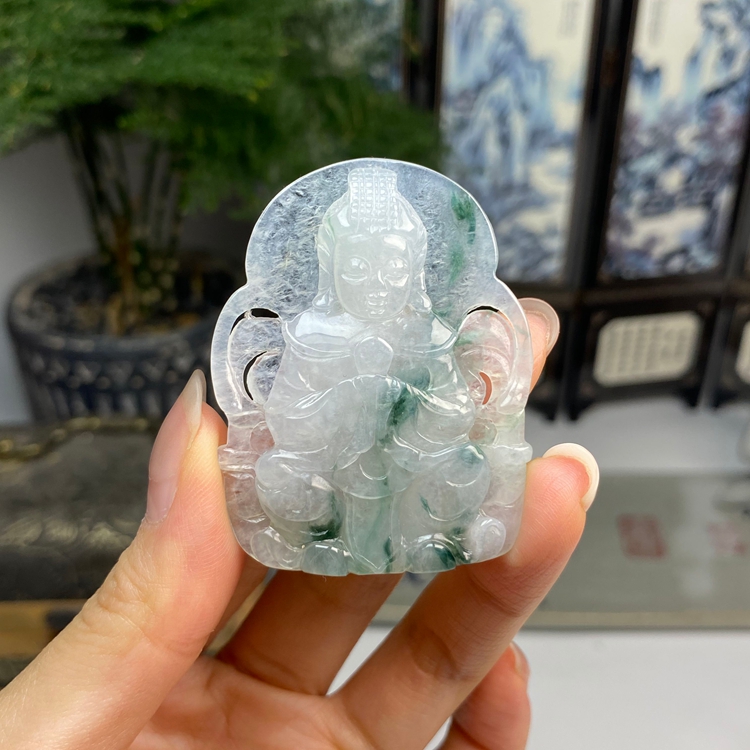 老种冰飘花妈祖挂件摆件 天然翡翠A货 