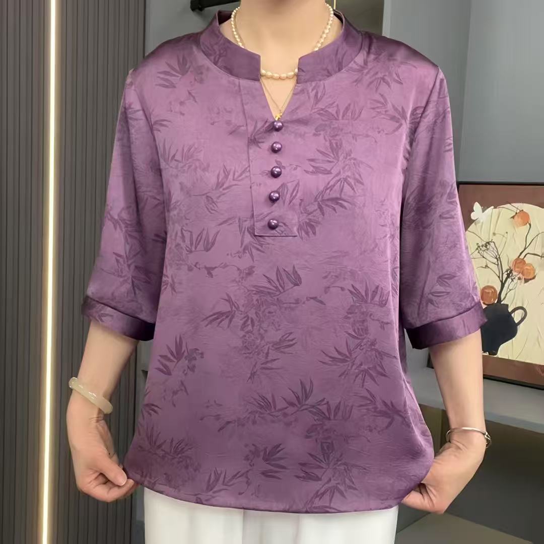 2025新款时尚妈妈装中年洋气遮肚复古夏季上衣中国大码气质中老年