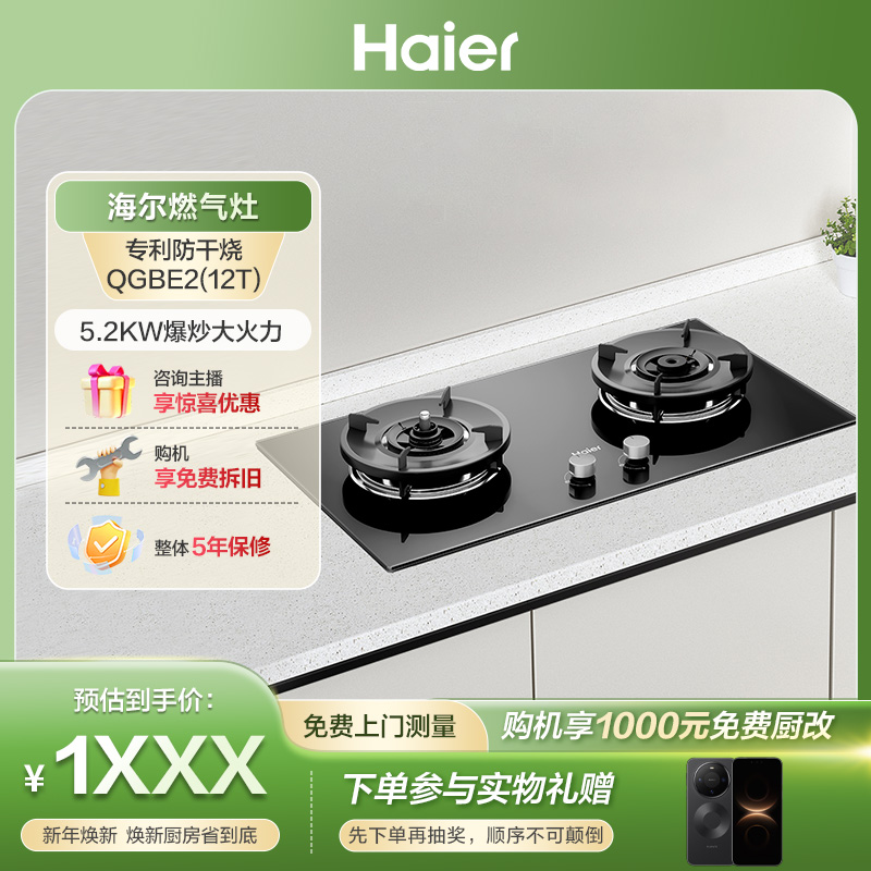 海尔麦浪燃气灶天然气5.2kW瞬燃智能防干烧QGBE2