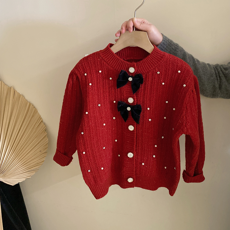 Z-TL002女童珍珠水钻蝴蝶结毛衣开衫2024秋冬新款加绒打底裤套装