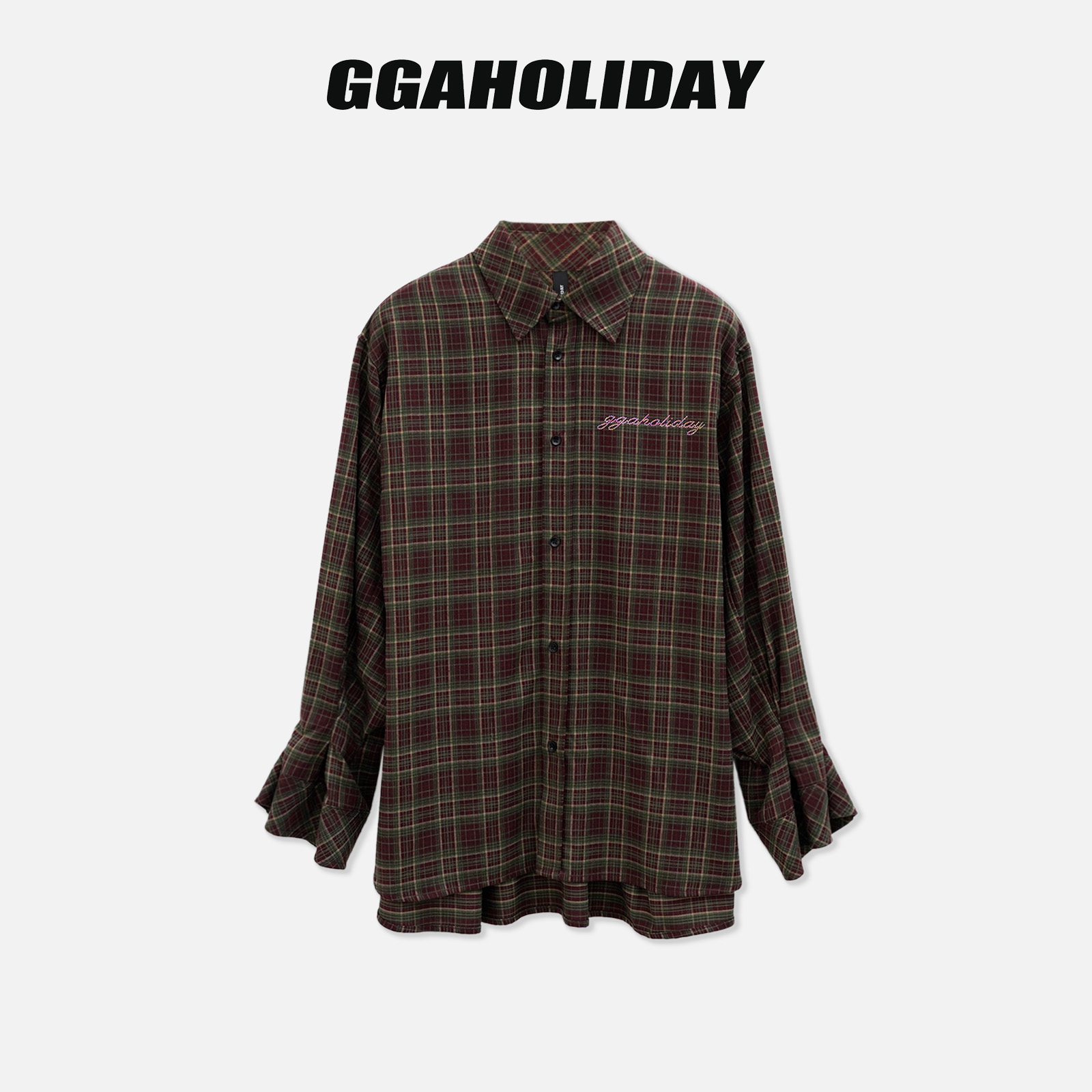 【上新】GGAHOLIDAY时尚复古木耳袖衬衫宽松秋长袖格子衬衣-153104