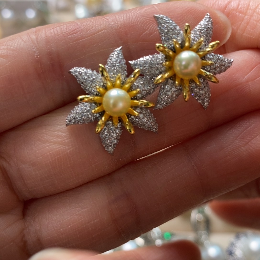 海水珍珠耳饰银S925镶嵌