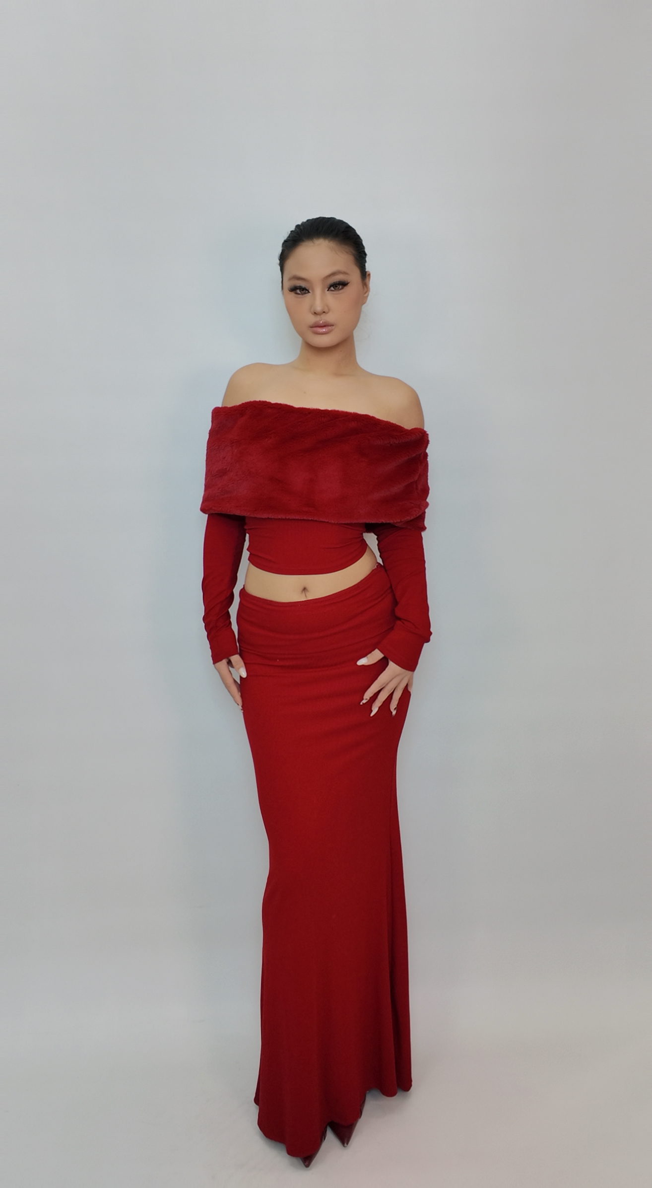 JoAN pinkmoon||红色穿搭性感一字肩连衣女装圣诞节氛围战袍套装