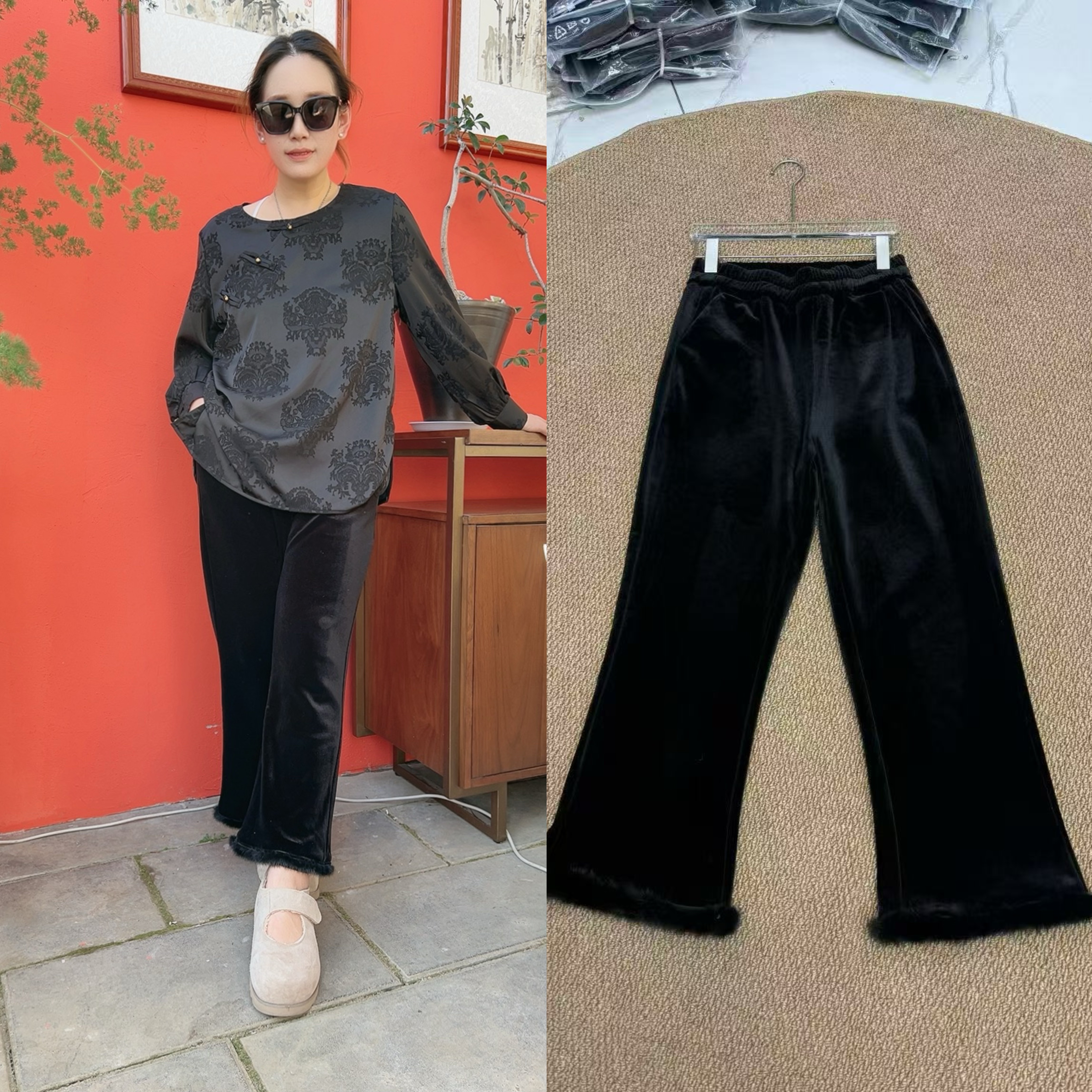 新中式网红时尚高腰显瘦百搭加绒烟管裤99051