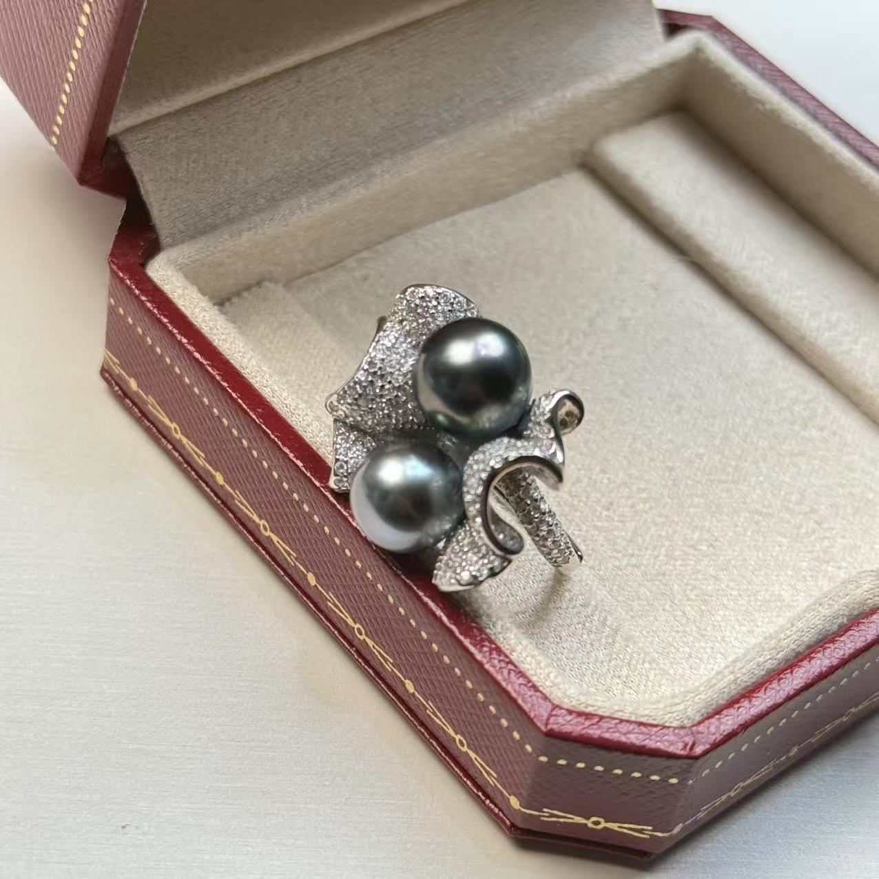 9-10mm天然海水大溪地珍珠戒指炫彩色褶皱双珠戒指戒指S925银