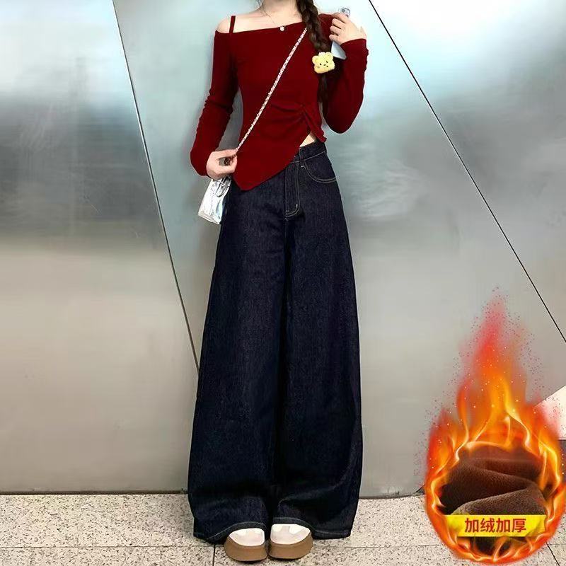 加绒加厚高腰显瘦复古宽松阔腿拖地长裤牛仔裤冬季休闲裤子阔腿裤