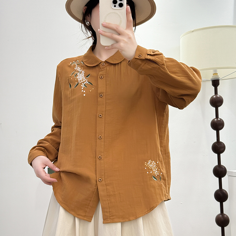 【全额运费补贴】双层棉纱长袖重工刺绣南瓜色超显白女士衬衫宽松