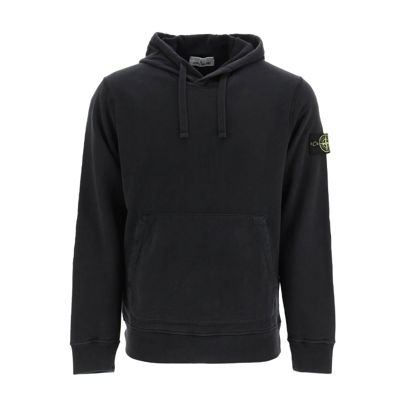 STONE ISLAND石头岛Logo贴花抽绳连帽套头长袖卫衣黑色