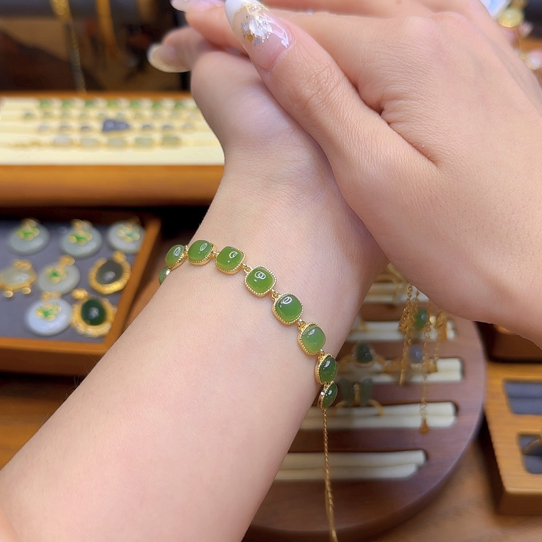 和田玉手链银S925镀金镶嵌