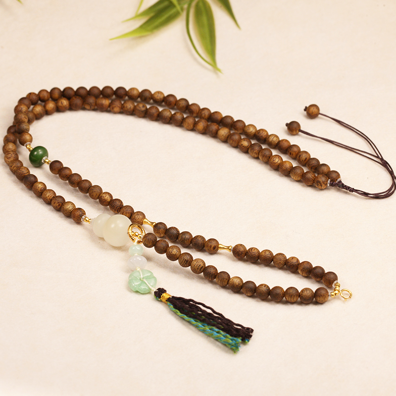 沉香【叶叶珠宝】002沉香糖料葫芦+翡翠+18K金手串项链卡5.5长60