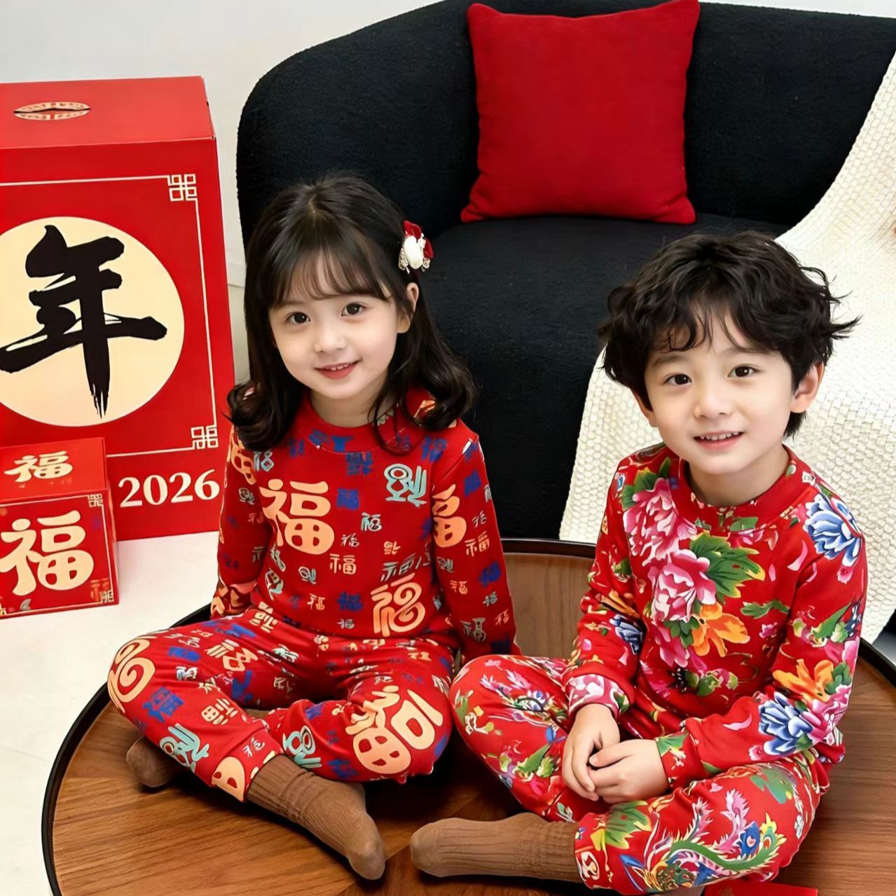  新款儿童百福舒适家居服冬季爆款男女宝宝套装两件套新年战袍