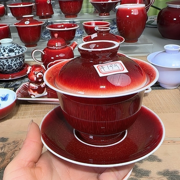 景德镇陶瓷红马坊盖碗