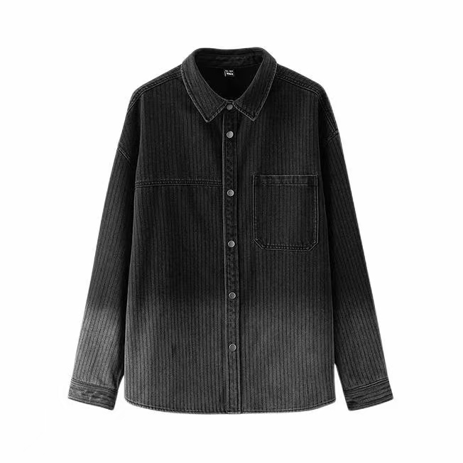 1115-B2-16黑色牛仔渐变条纹肌理宽松秋冬季男衬衫长袖