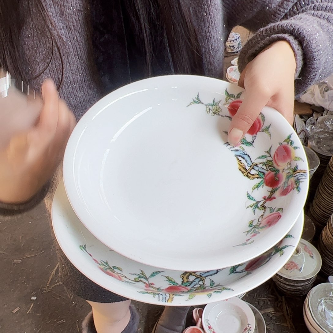 摆件陶景德镇陶瓷寿桃8寸盘2个