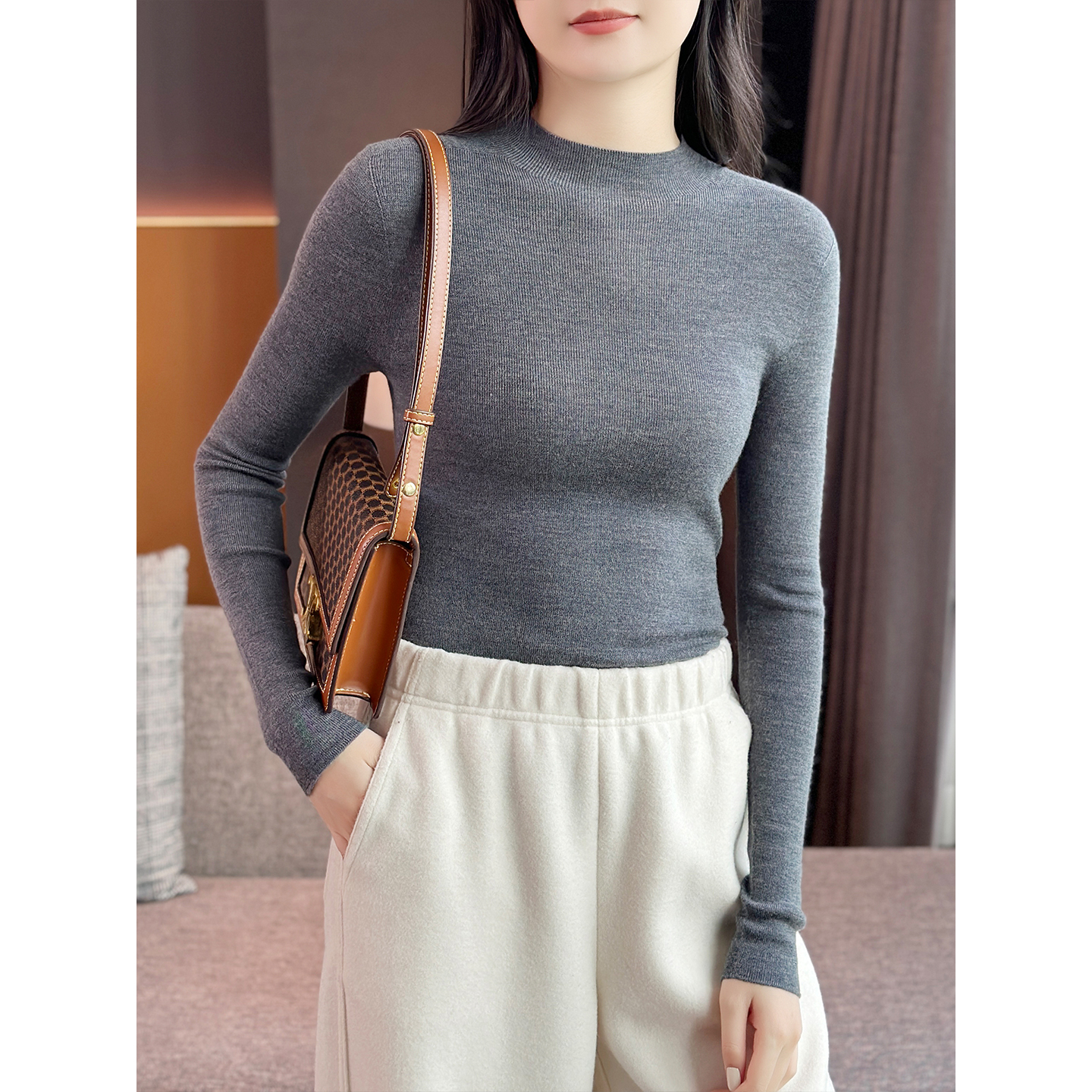 左左家 60支德国扬子纱~无缝一体半高领显瘦100%羊毛针织打底衫女